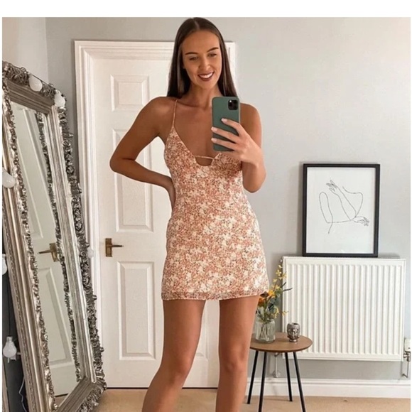 Zara Floral Print Lined Mini Slip Dress | Size M Peach Pink Summer Sundress - Picture 5 of 16
